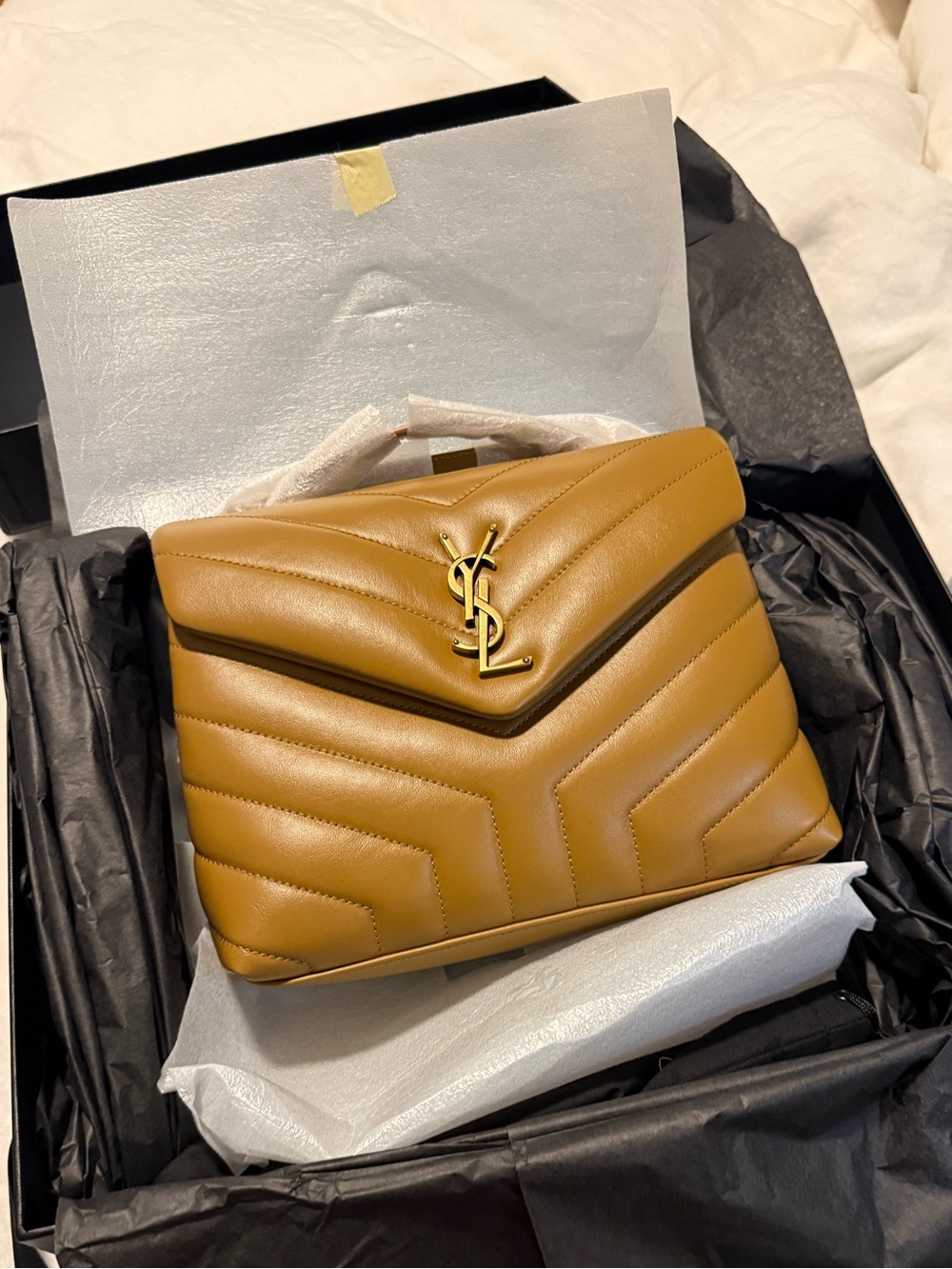 NEW IN BAG STILL WRAPPED Saint Laurent Quilted Chevron Shoulder Bag in Cognac
